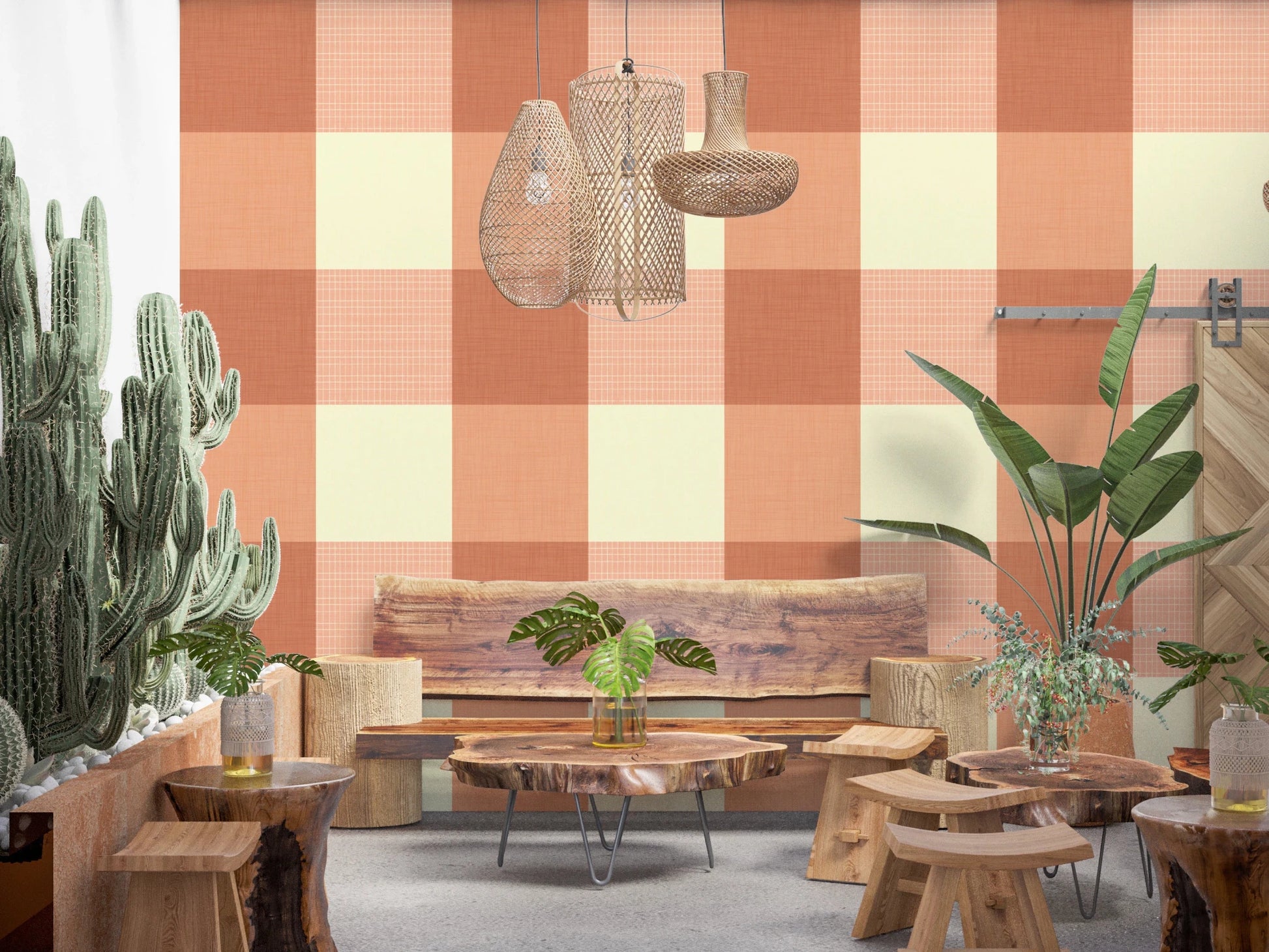 Gingham Peach Linen Texture Country Wallpaper⁠