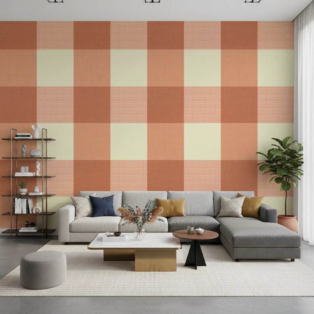 Gingham Peach Linen Texture Country Wallpaper⁠