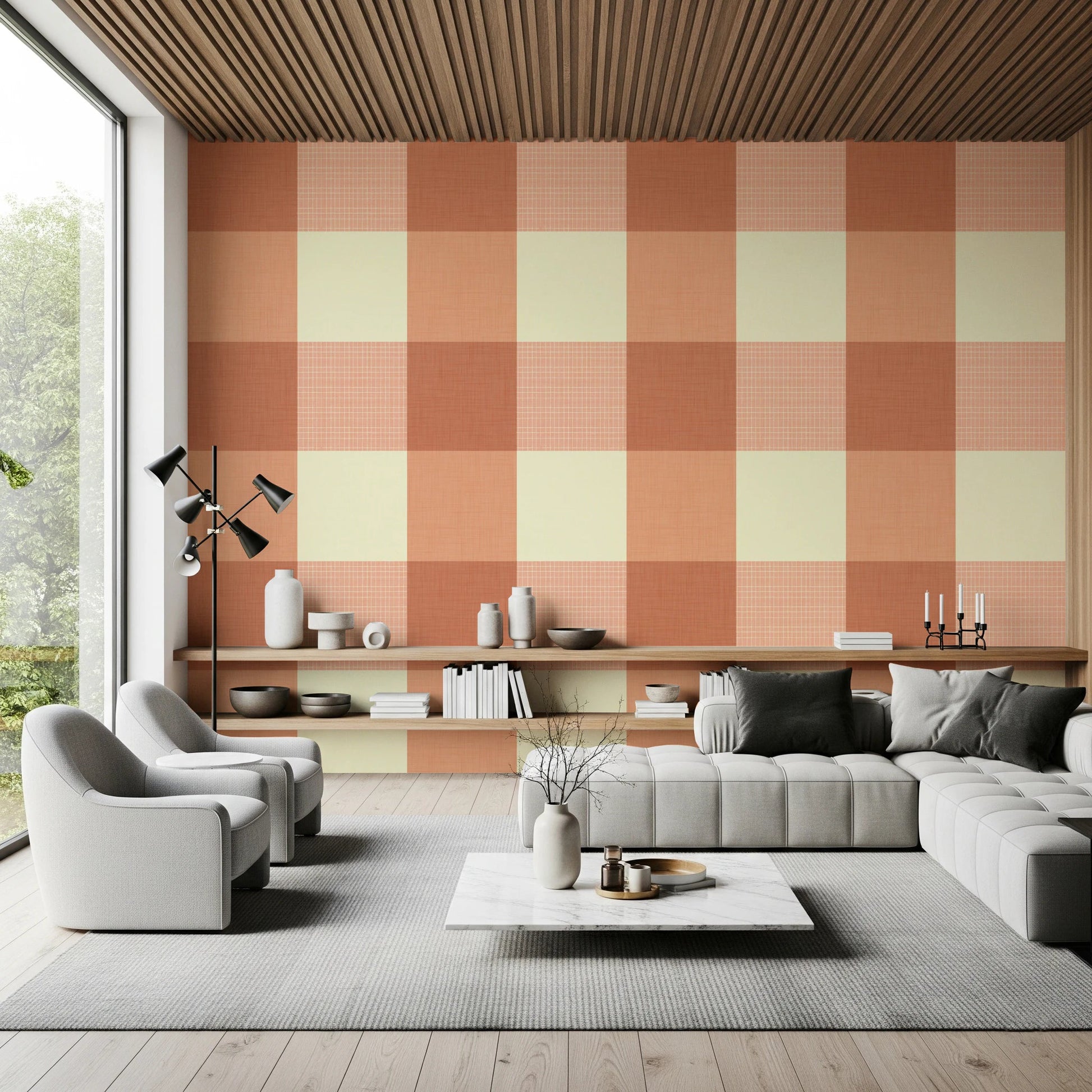 Gingham Peach Linen Texture Country Wallpaper⁠