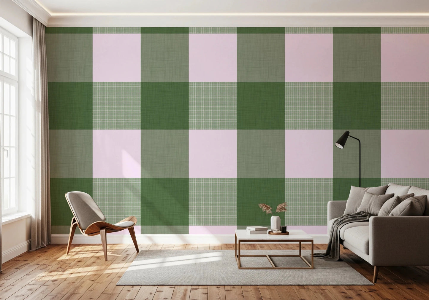 Gingham Sage Linen Texture Country Wallpaper⁠