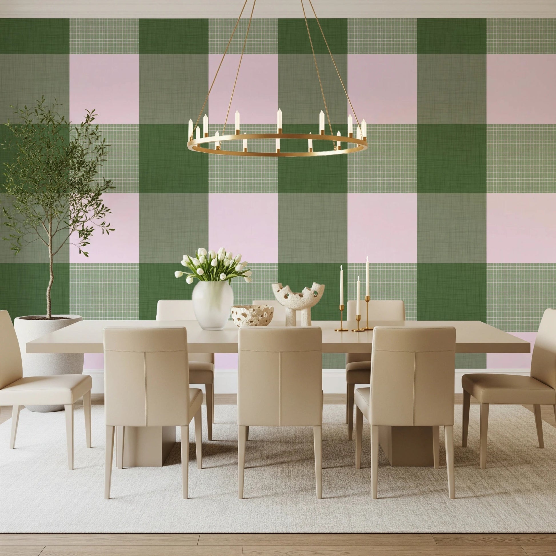 Gingham Sage Linen Texture Country Wallpaper⁠