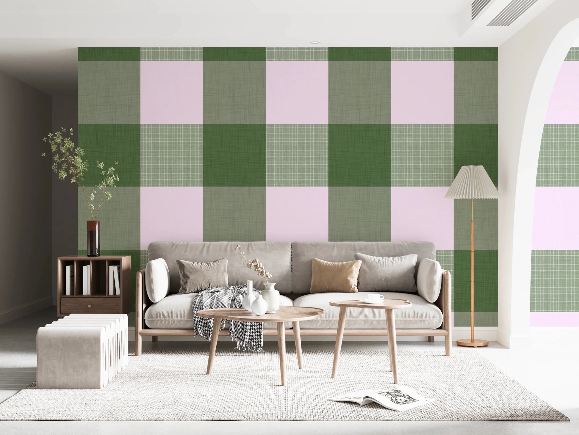 Gingham Sage Linen Texture Country Wallpaper⁠