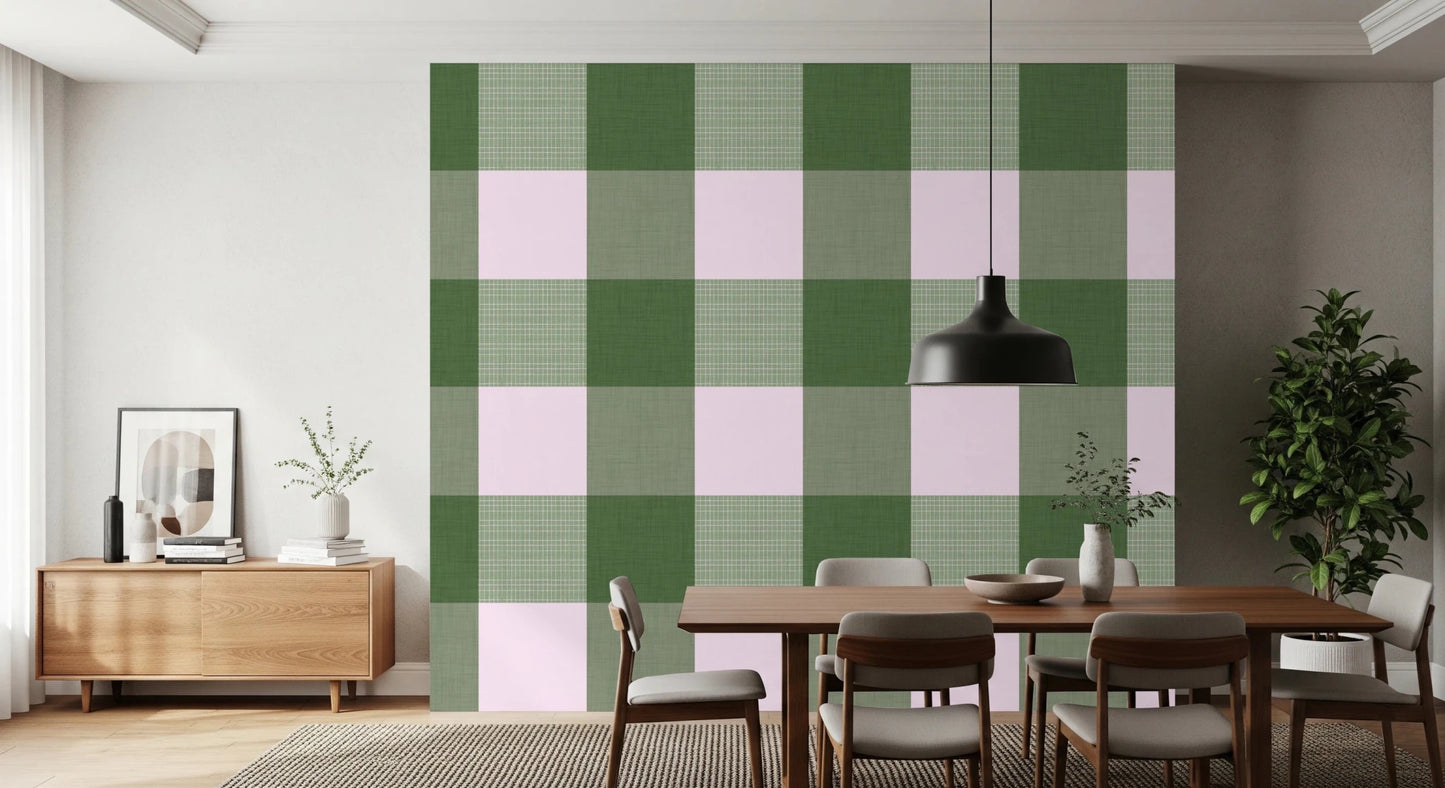 Gingham Sage Linen Texture Country Wallpaper⁠