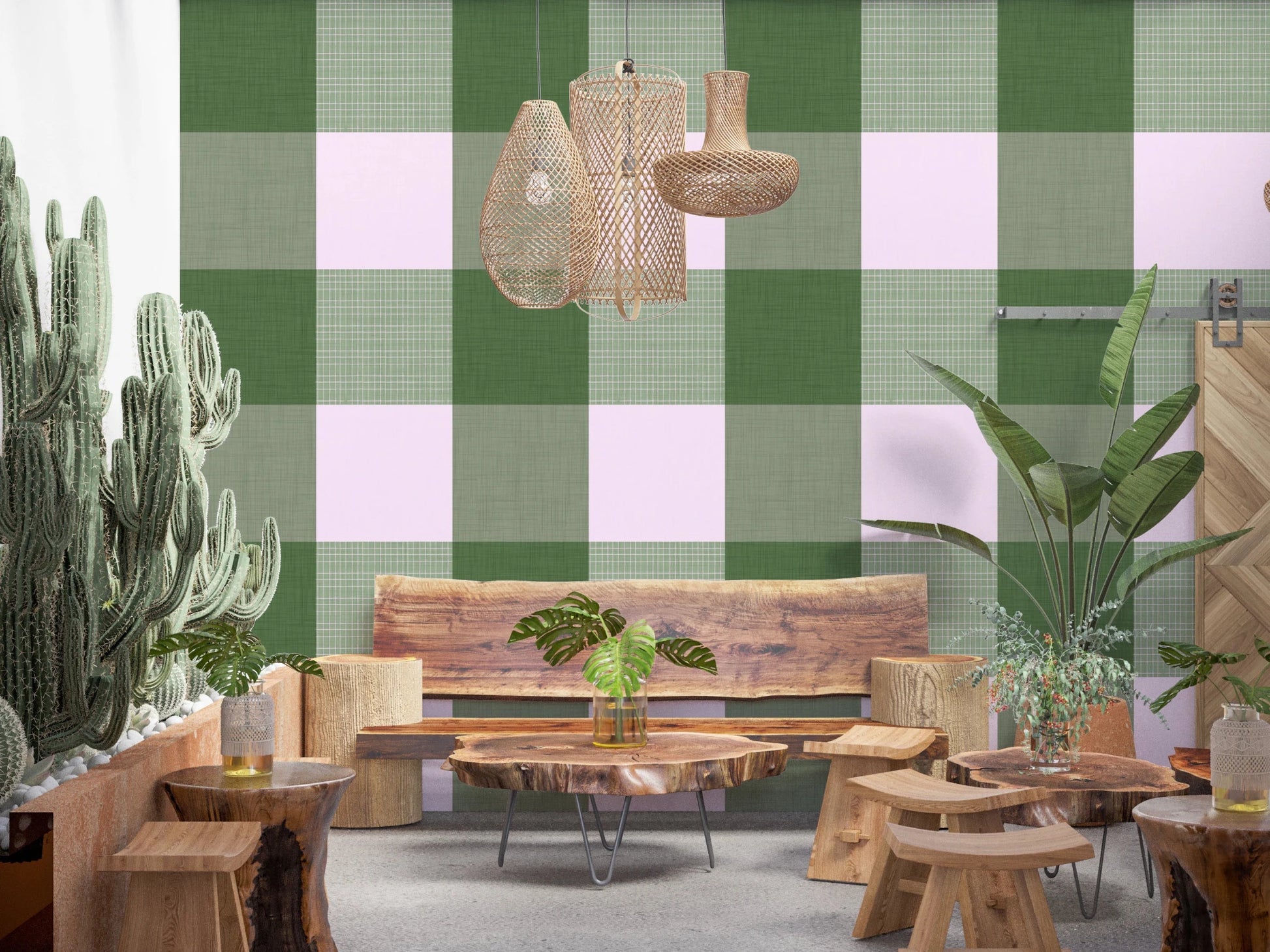 Gingham Sage Linen Texture Country Wallpaper⁠