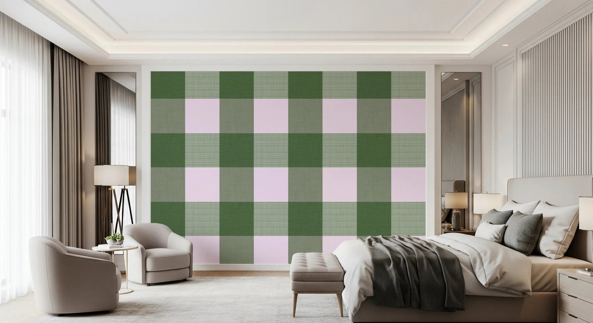 Gingham Sage Linen Texture Country Wallpaper⁠