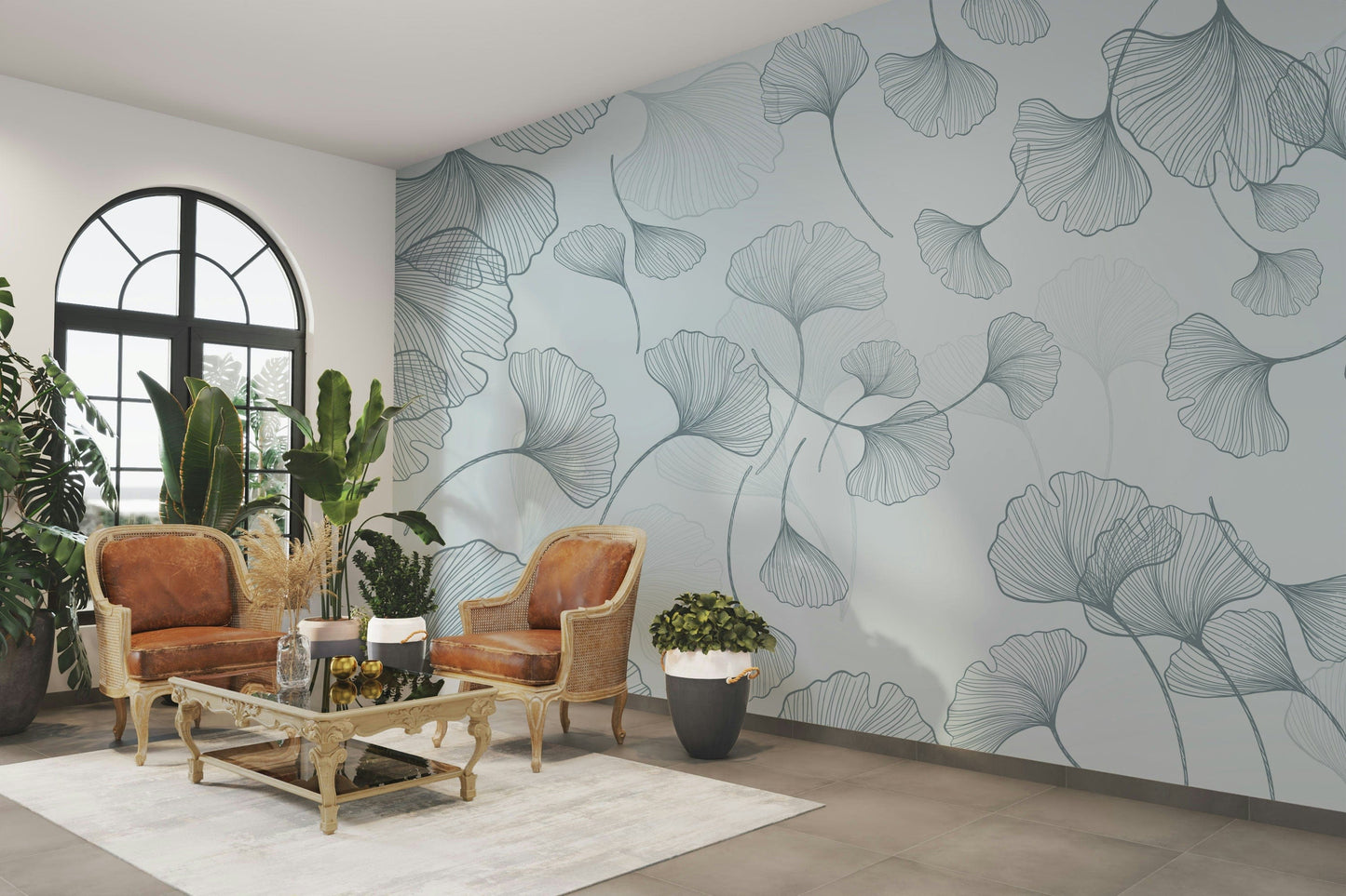 The design features soft, fan-shaped ginkgo leaves.

