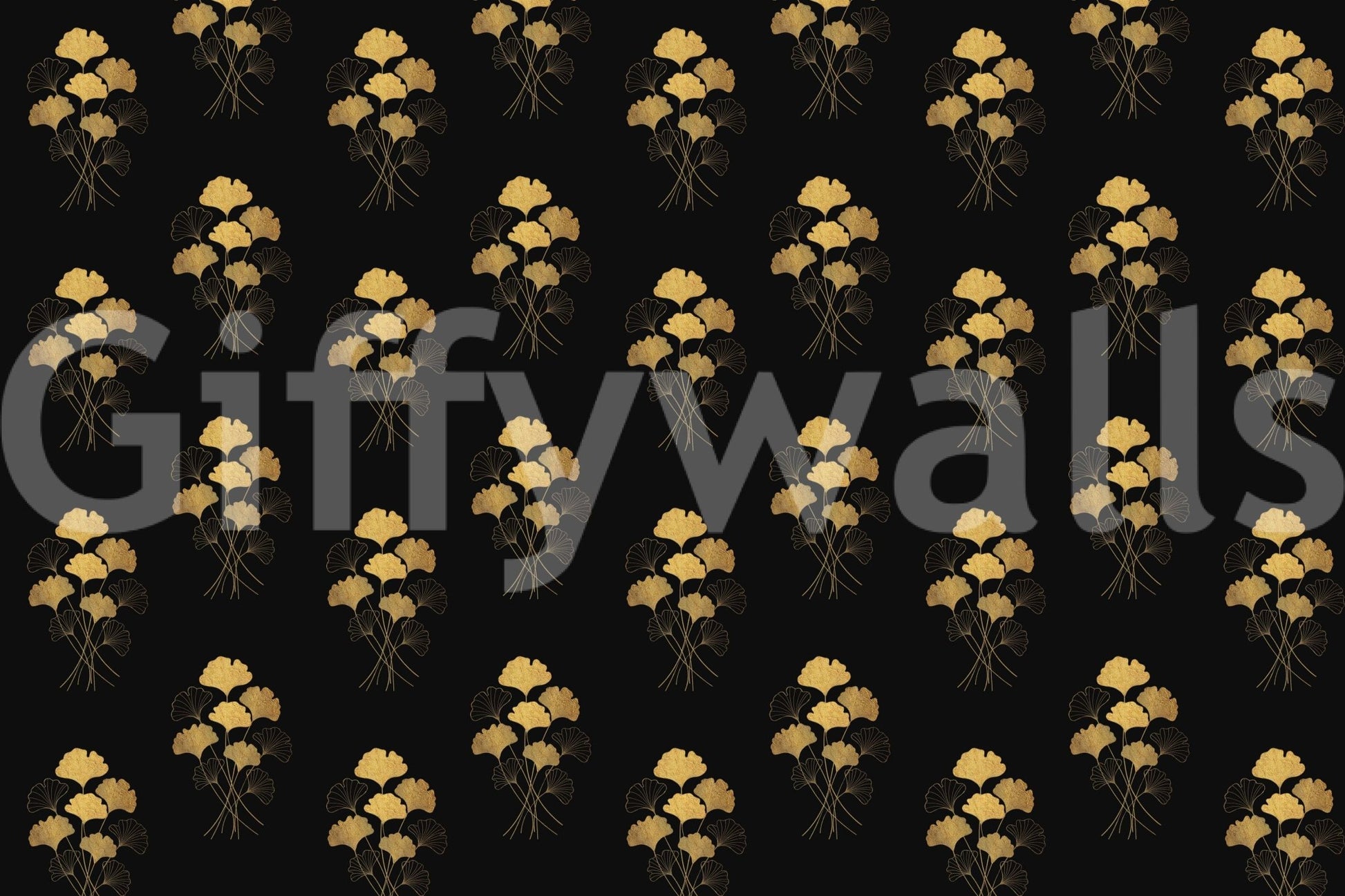 Ginkgo Luxury Gold wallpaper mural close-up showing the gold and bronze ginkgo leaf bouquets repeating on a black background