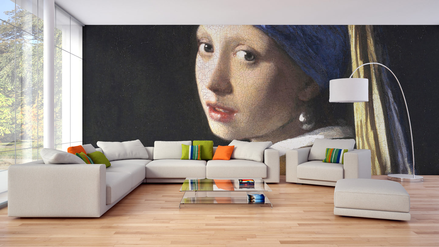 Girl Pearl Earring wallpaper mural as a feature wall in a home office workspace in a multicolour palette