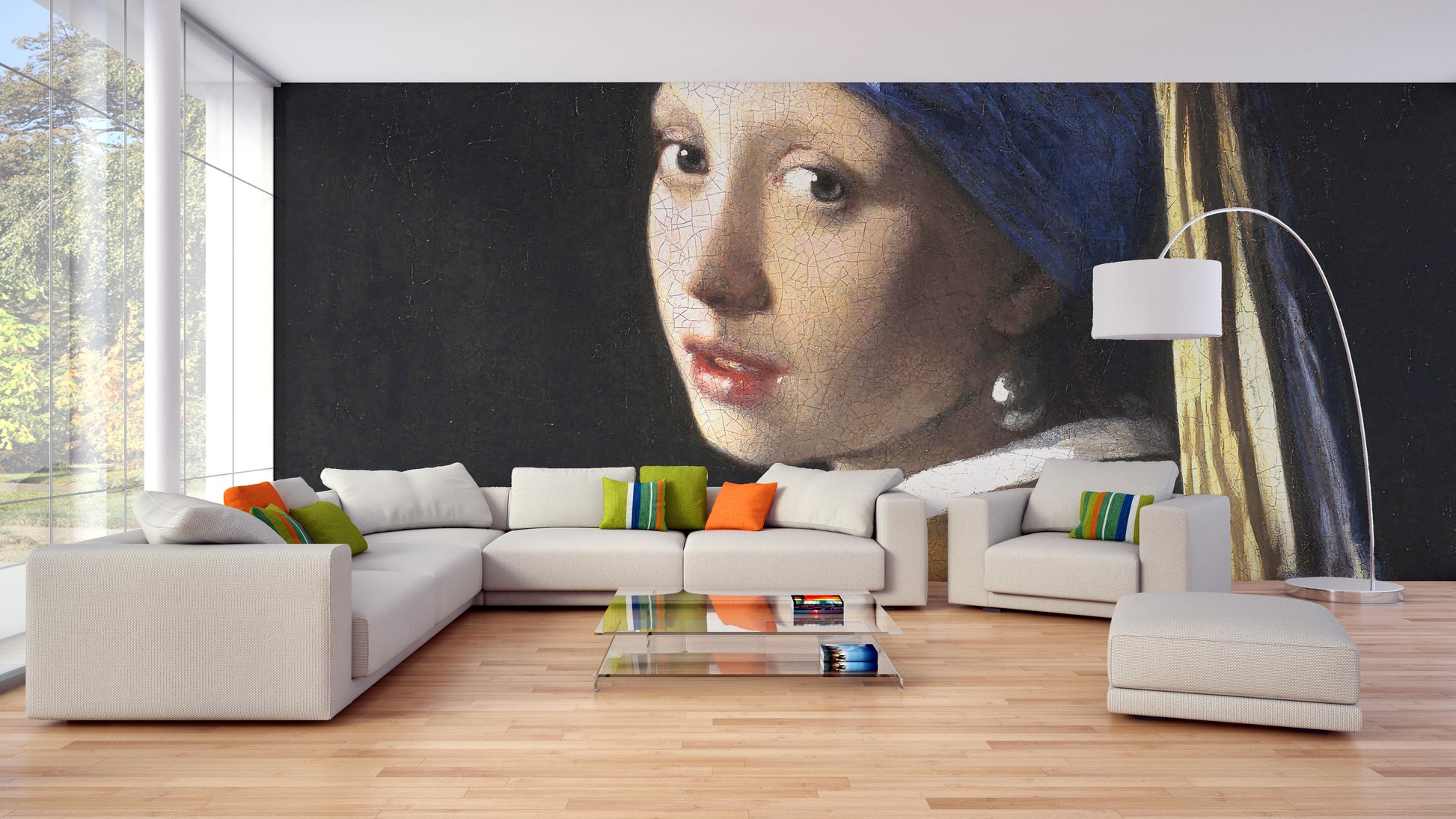 Girl Pearl Earring wallpaper mural as a feature wall in a home office workspace in a multicolour palette