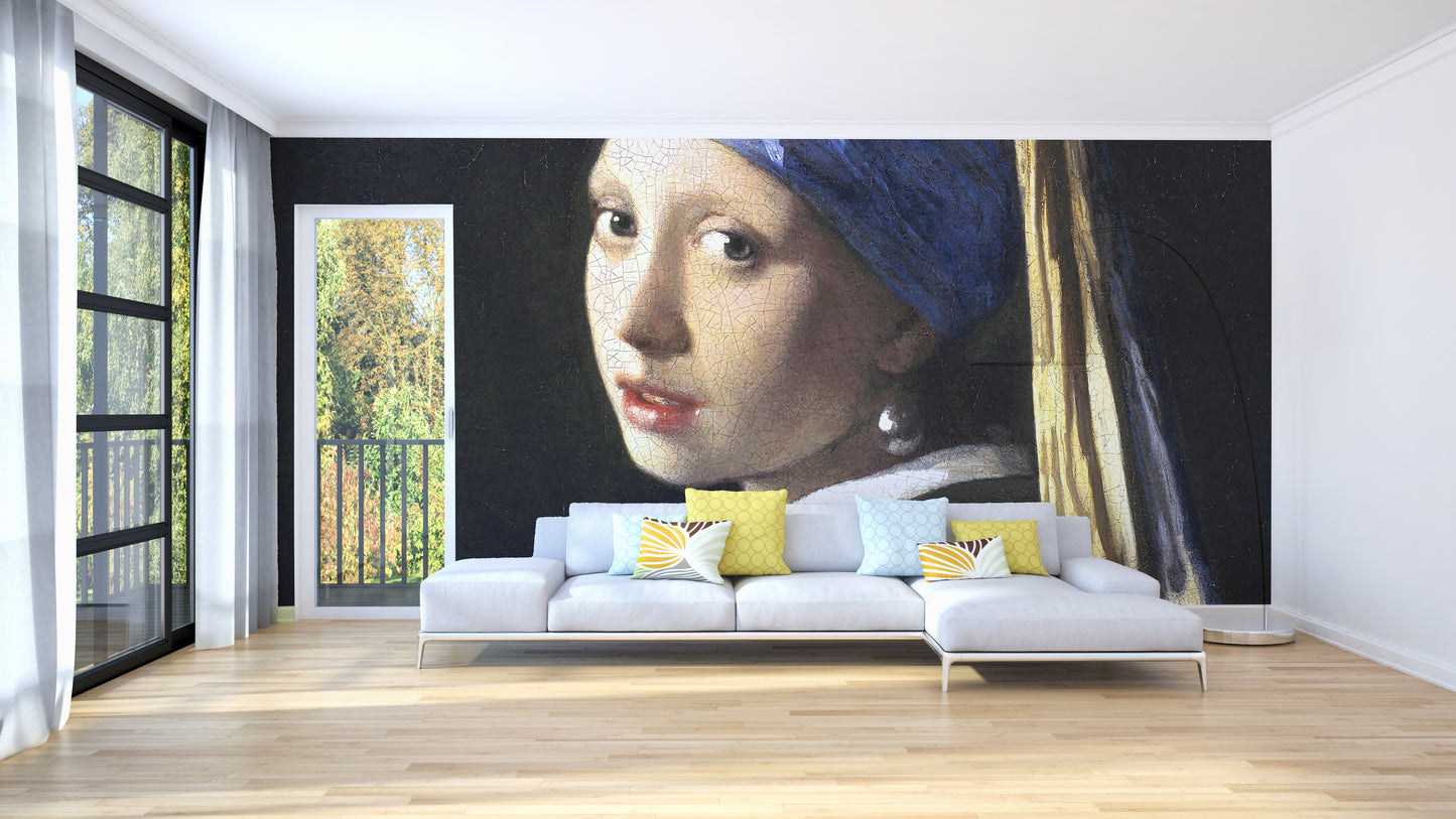 Girl Pearl Earring wallpaper mural styled as a feature wall behind a dining table and chairs in a multicolour palette