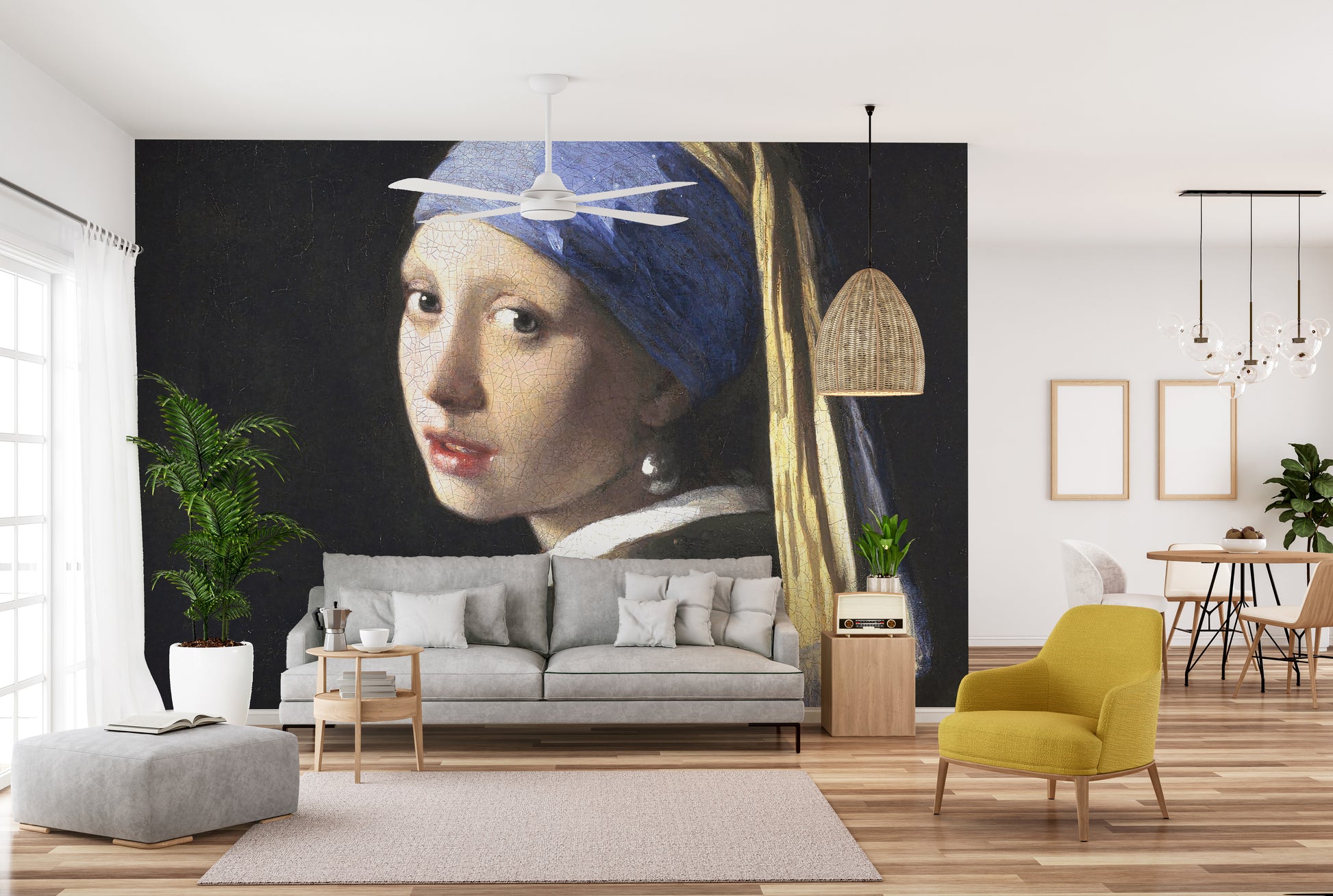 Girl Pearl Earring wallpaper mural as a bedroom feature wall behind the headboard in a multicolour palette