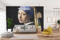 Girl Pearl Earring wallpaper mural as a bedroom feature wall behind the headboard in a multicolour palette