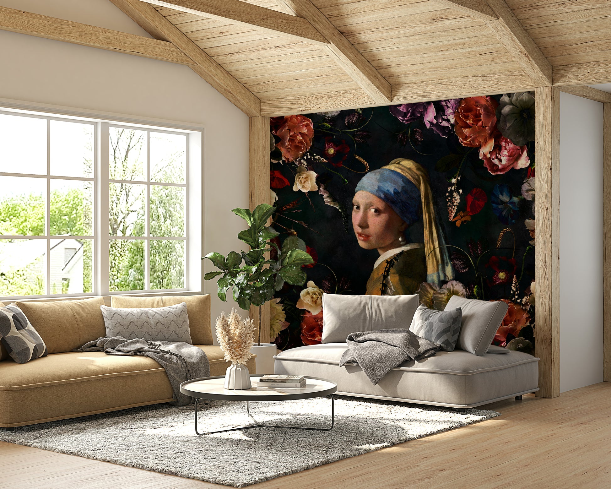Floral mural wallpaper with classic portrait

