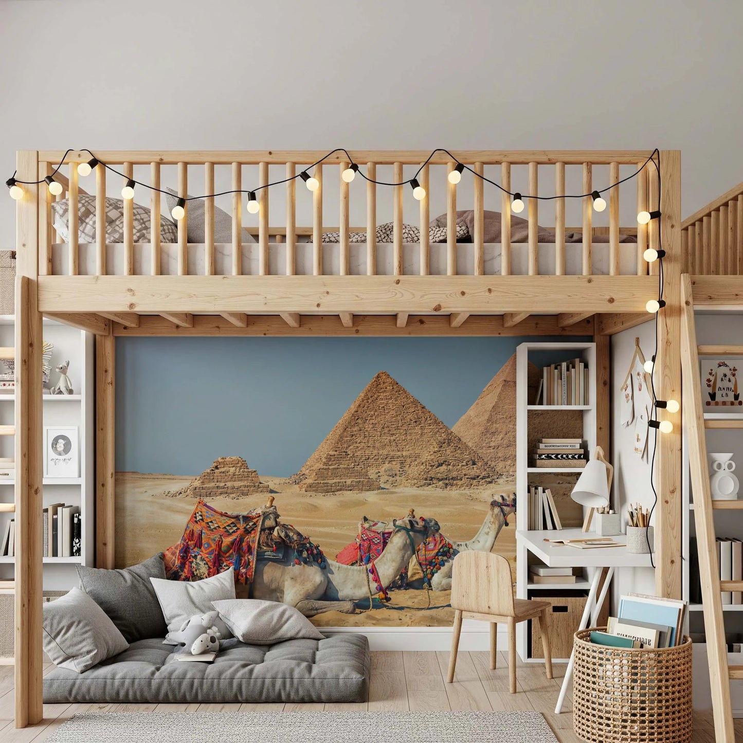Giza wall mural of the pyramids and resting camels in a kids room with a wood loft bunk bed and desk