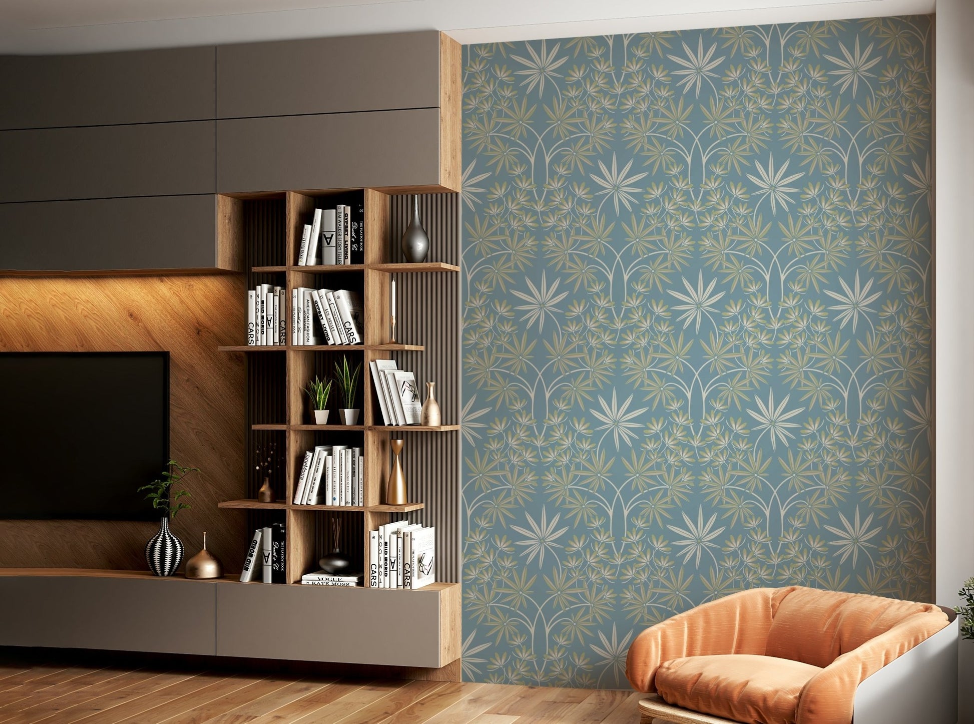Glamour Floral Damask Cottage Sage Green Light Blue Wallpaper⁠