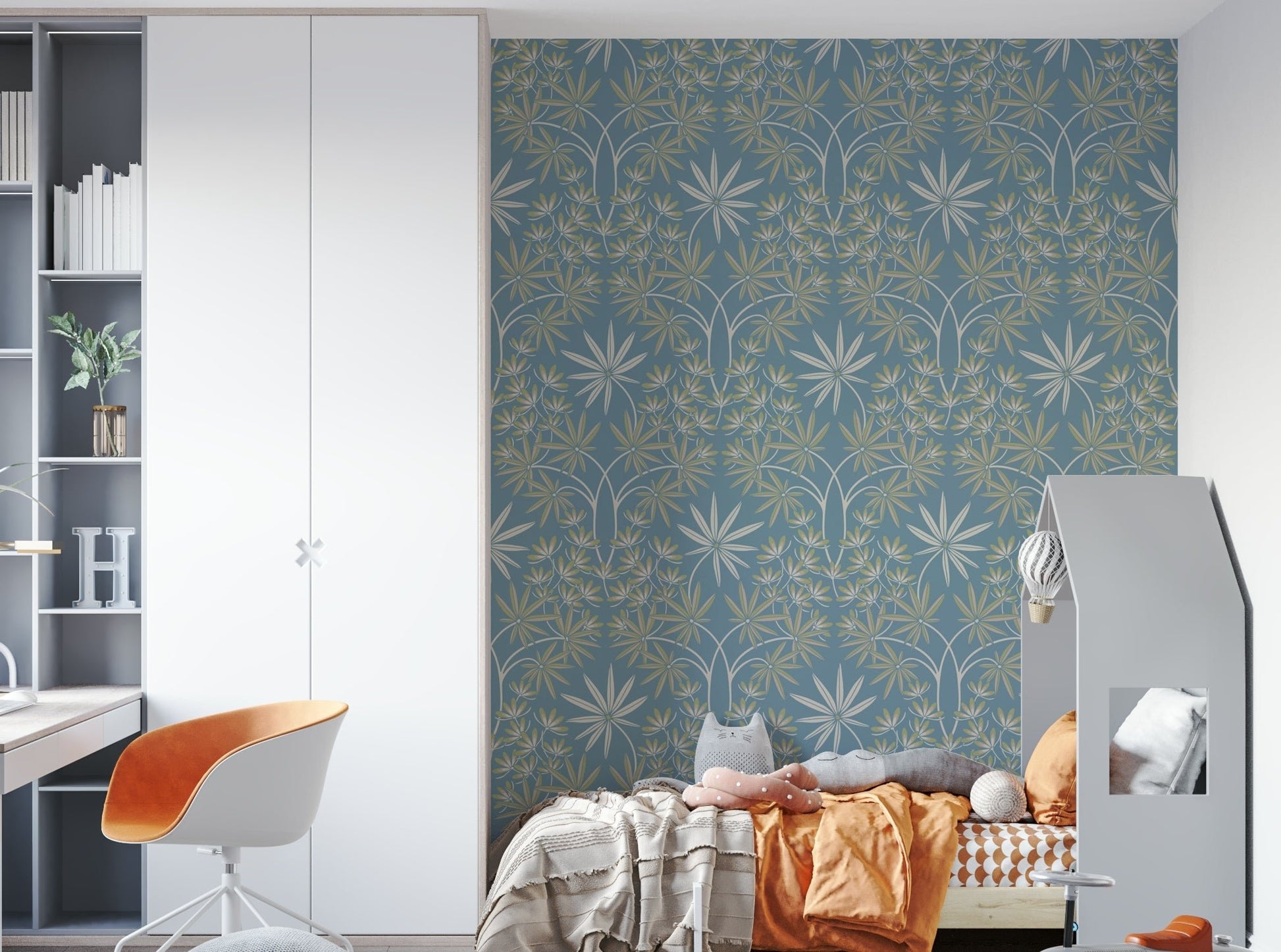 Glamour Floral Damask Cottage Sage Green Light Blue Wallpaper⁠
