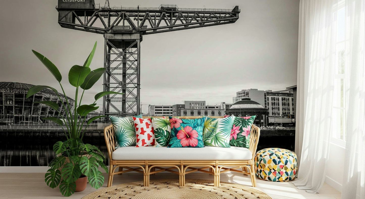 Home office wall decor with Glasgow skyline wallpaper, clean lines, cool grey tones