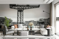 Urban Glasgow wallpaper in dining room, monochrome skyline print, statement feature wall