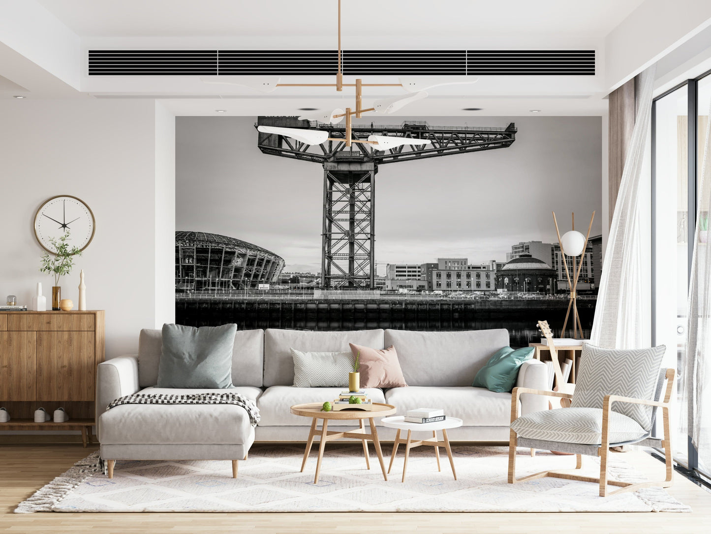 Living room city mural with Glasgow architecture, contemporary style, large-scale wall covering