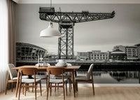 Glasgow skyline wall mural in modern living room, cool gray and blue tones, cityscape feature wall