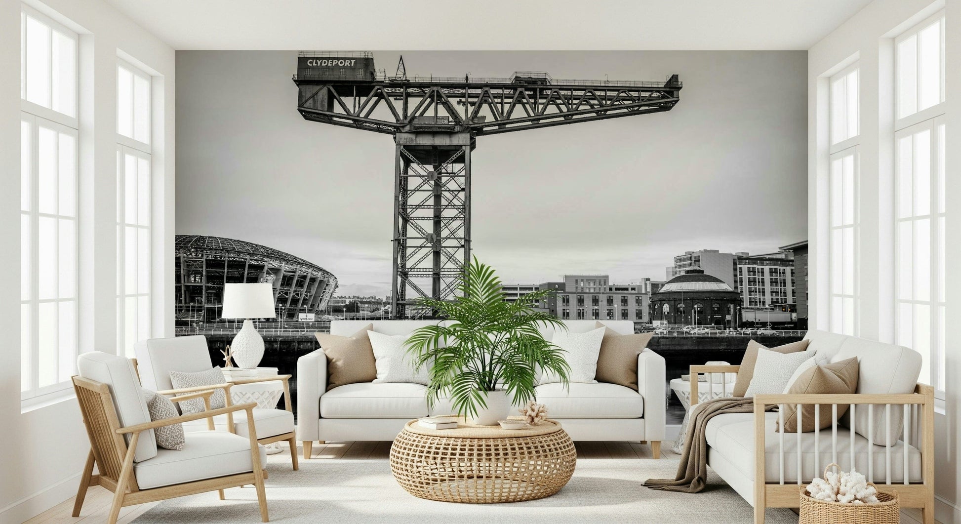 Glasgow's Giant Wall Mural on office feature wall, contemporary city line art in charcoal and slate