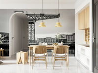 Glasgow-themed wall mural above console table, minimal cityscape, grey-blue colour scheme