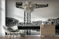 Panoramic Glasgow mural in bedroom, soft grey palette, calm modern wall decor