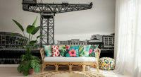 Home office wall decor with Glasgow skyline wallpaper, clean lines, cool grey tones