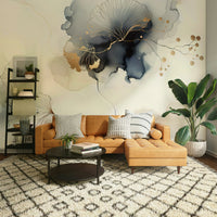 Modern botanical mural in living room feature wall, green and gold tones
