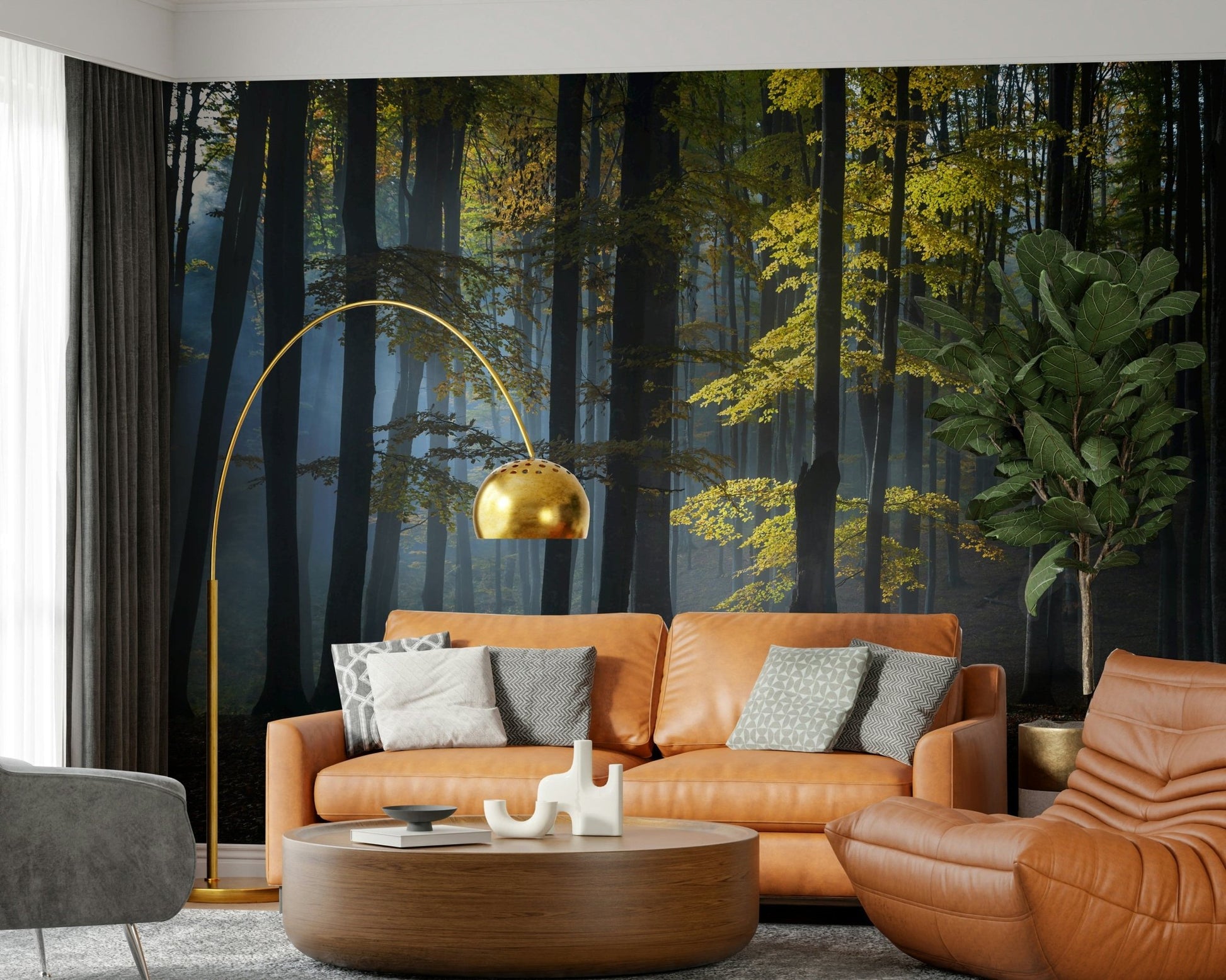 Shadowy forest floor featured in Glimmering Forest Woodland scenic print.