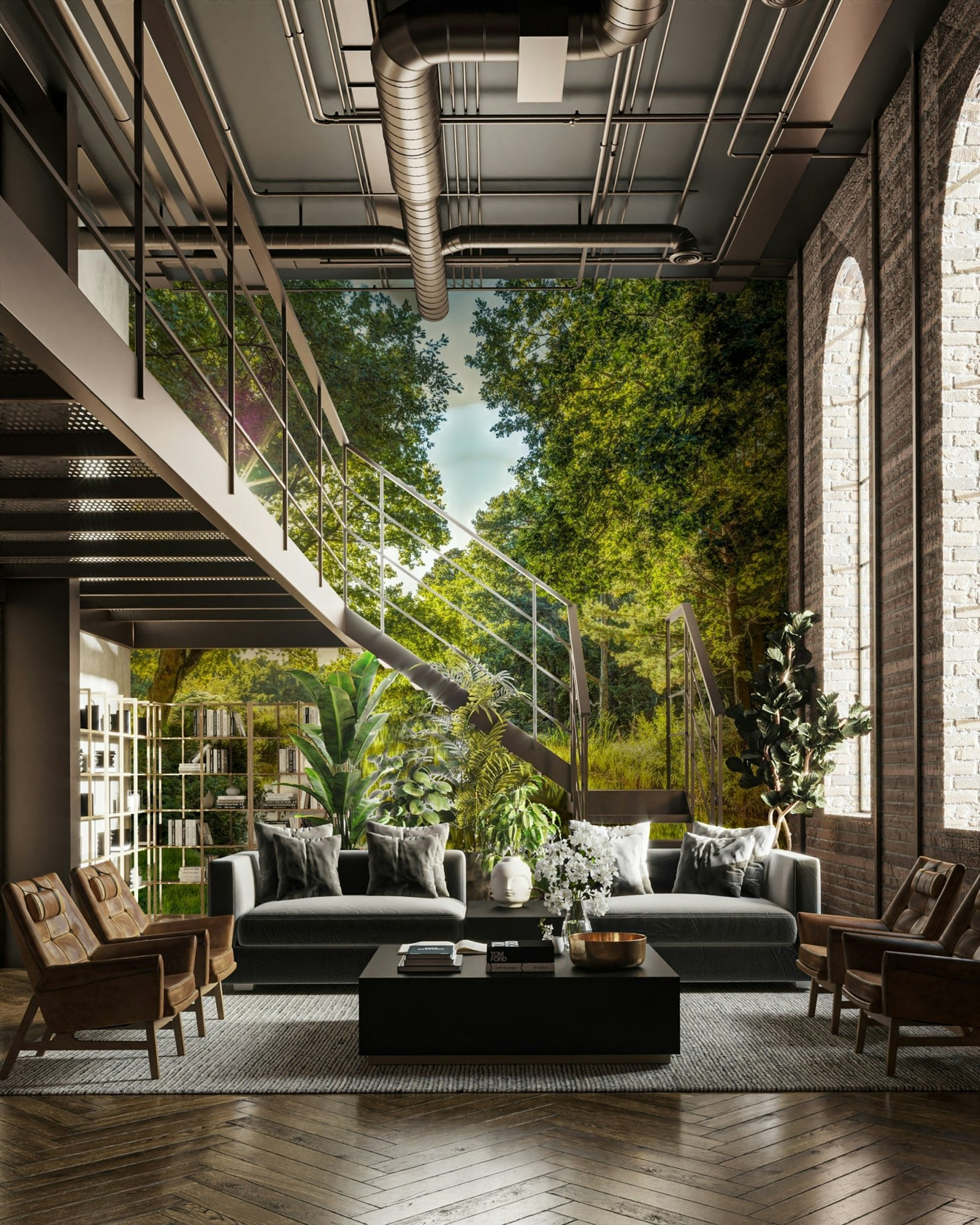 A wall mural with a natural, green scene.

