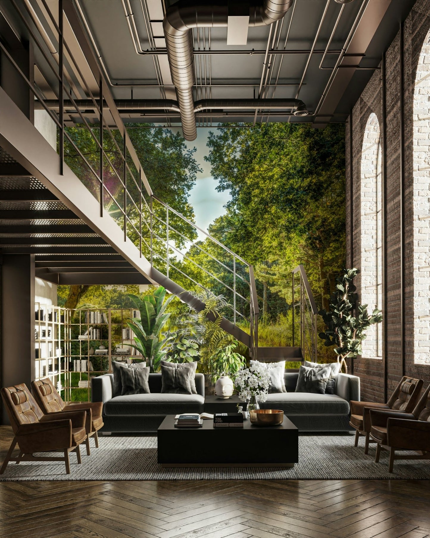 A wall mural with a natural, green scene.

