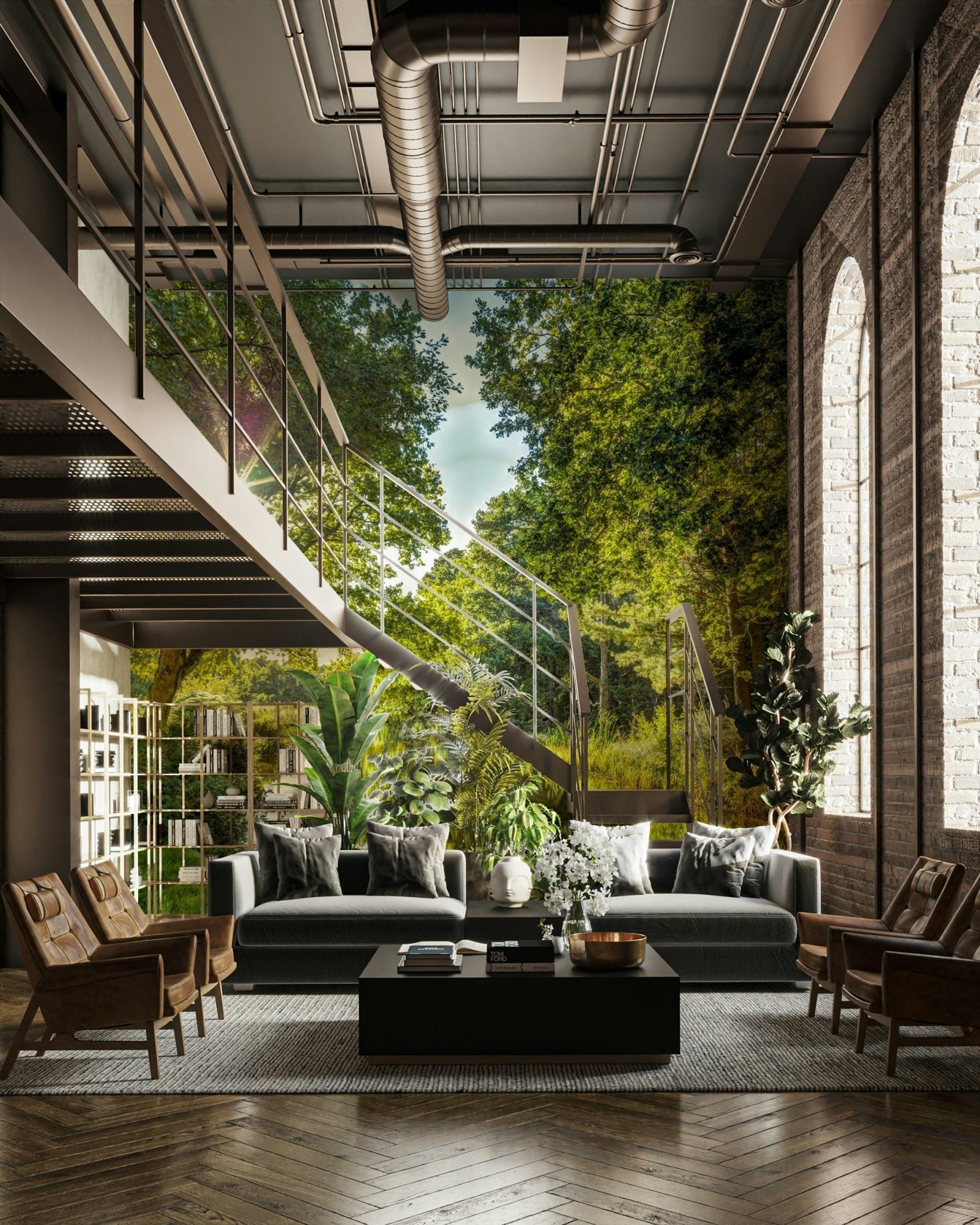 A wall mural with a natural, green scene.

