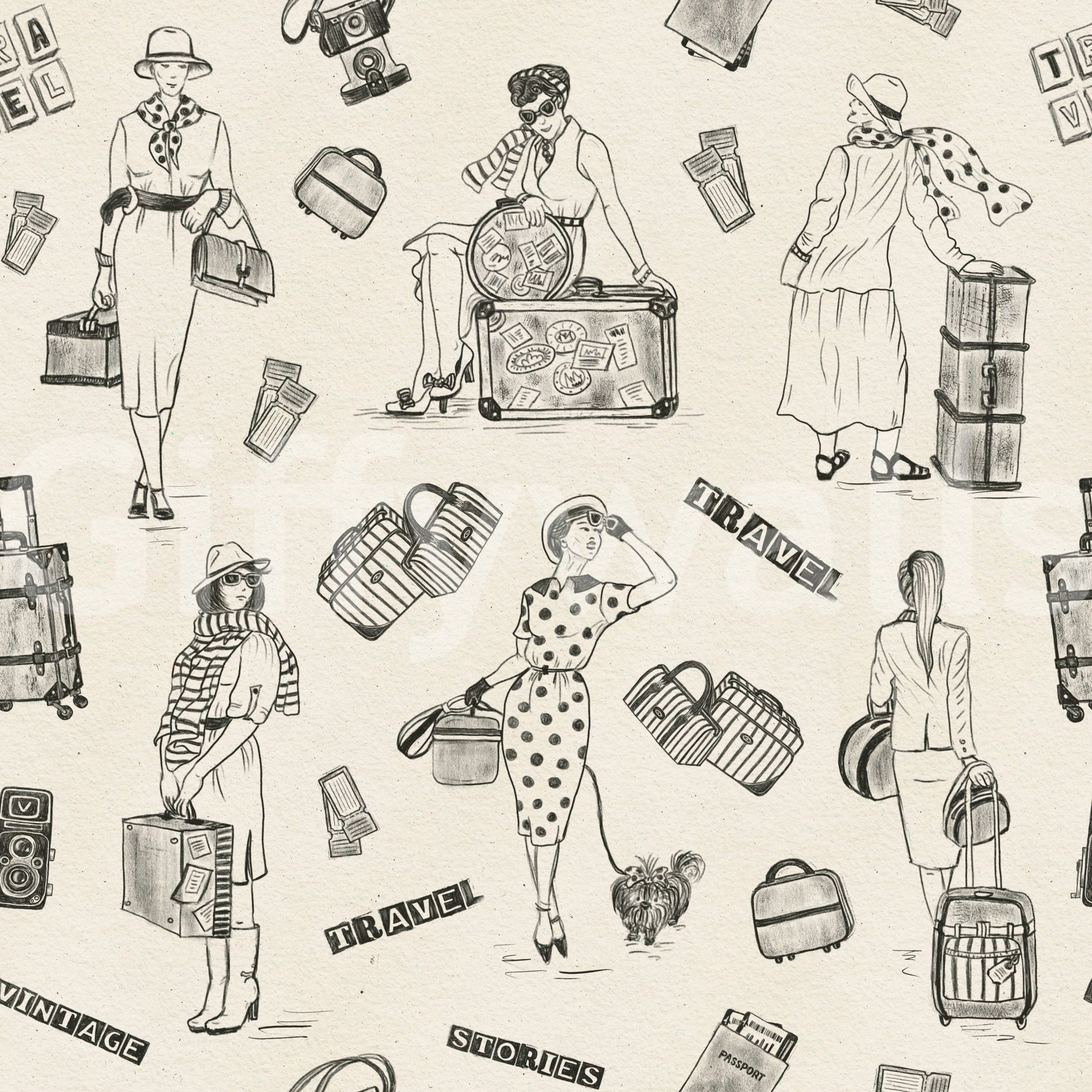 World landmark sketches creating a stylish, wanderlust-inspired wallpaper.