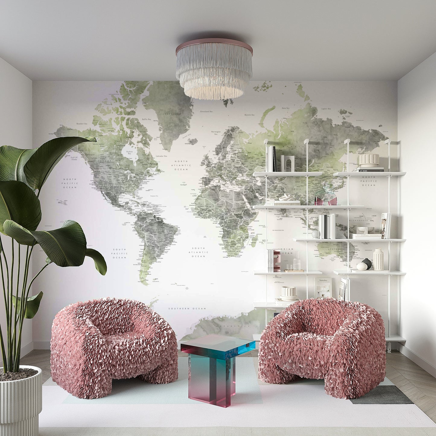 Nature-inspired green watercolor world map design

