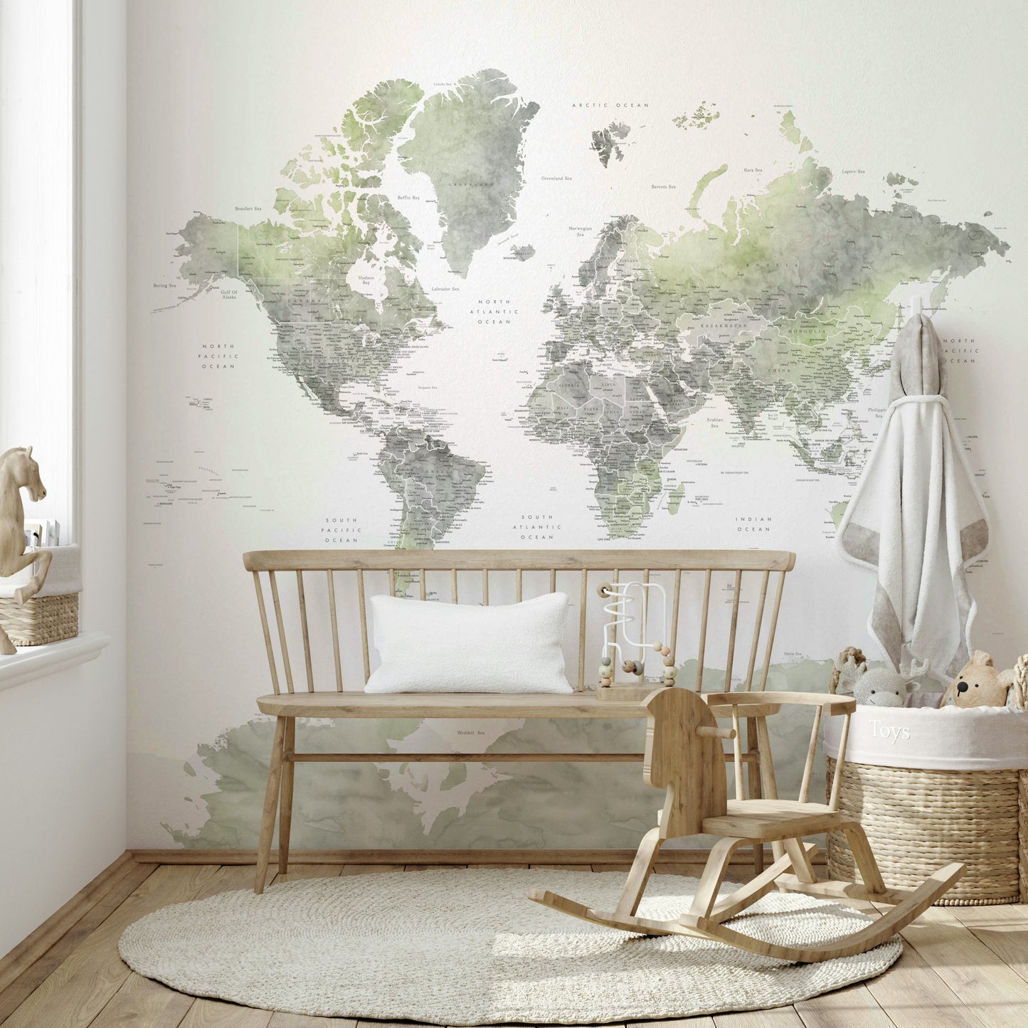 Peel and stick world map wallpaper in green shades

