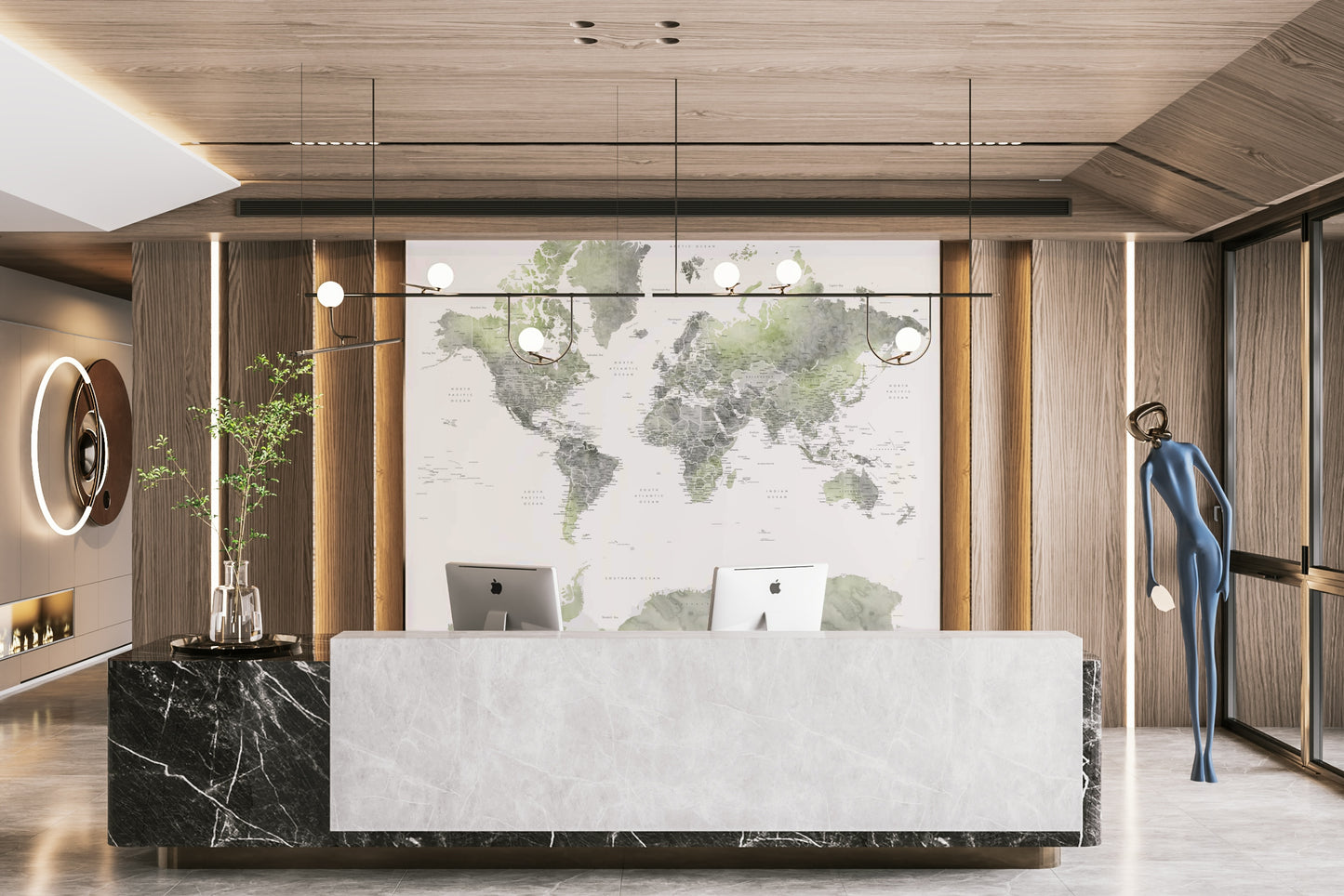 Global map wall décor in soft watercolor greens

