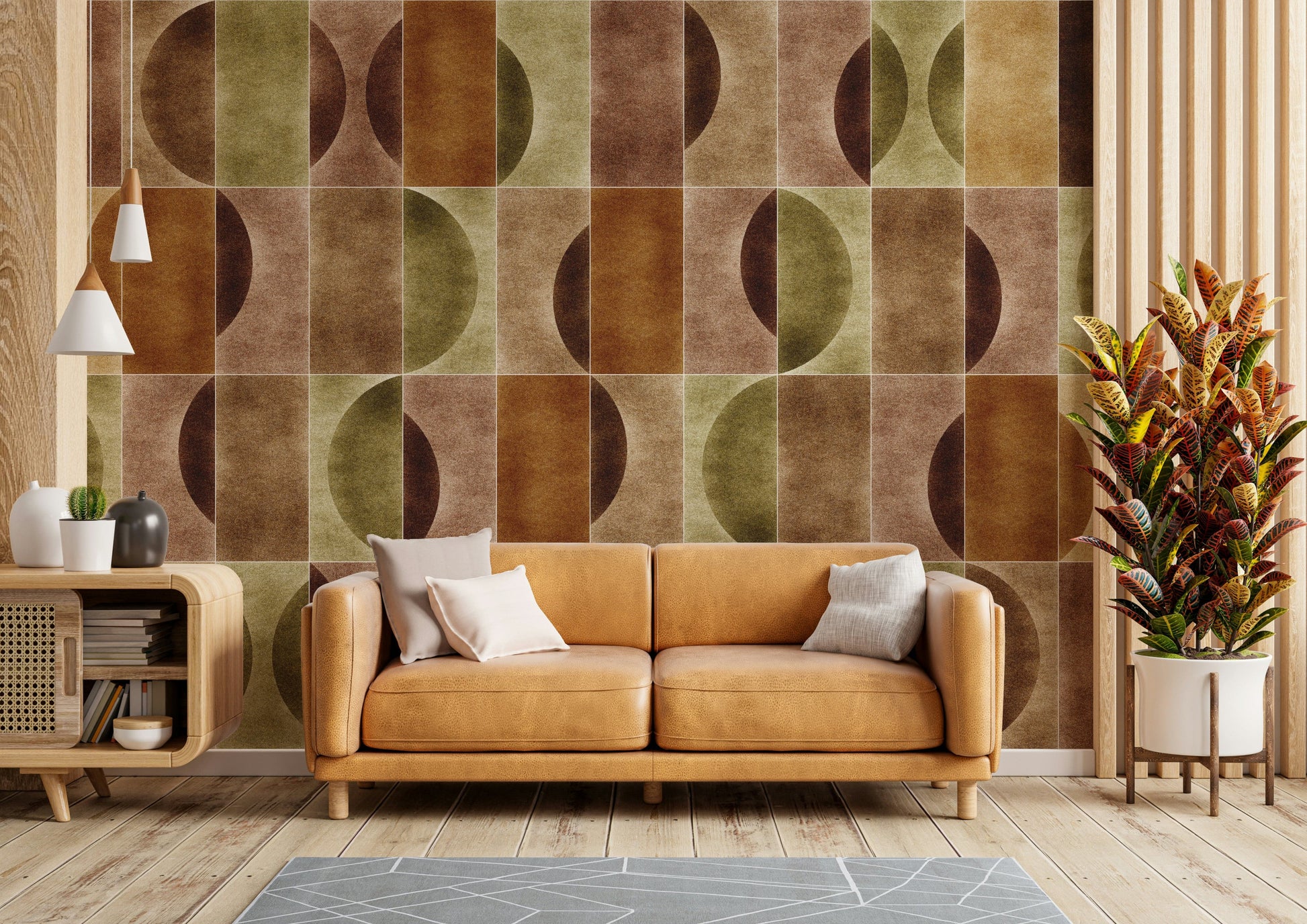 A peaceful wall mural with an abstract geometric pattern.

