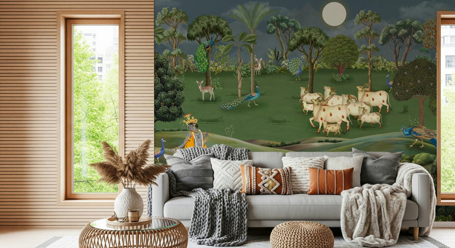 Cultural cow grazing wall mural for home interiors with classic Indian art style