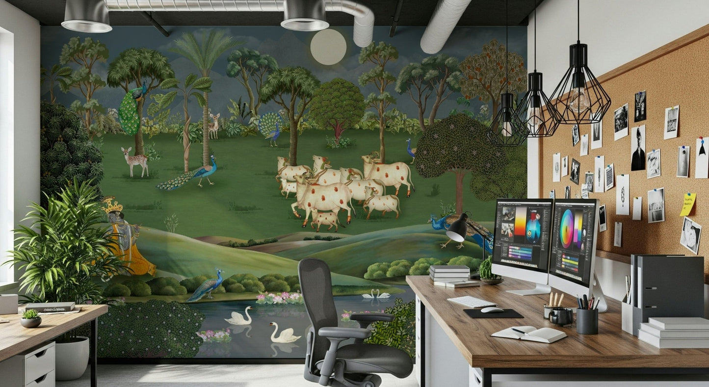 Gokul Grazing Wall Mural with cows in a calm rural scene for living room wall decor