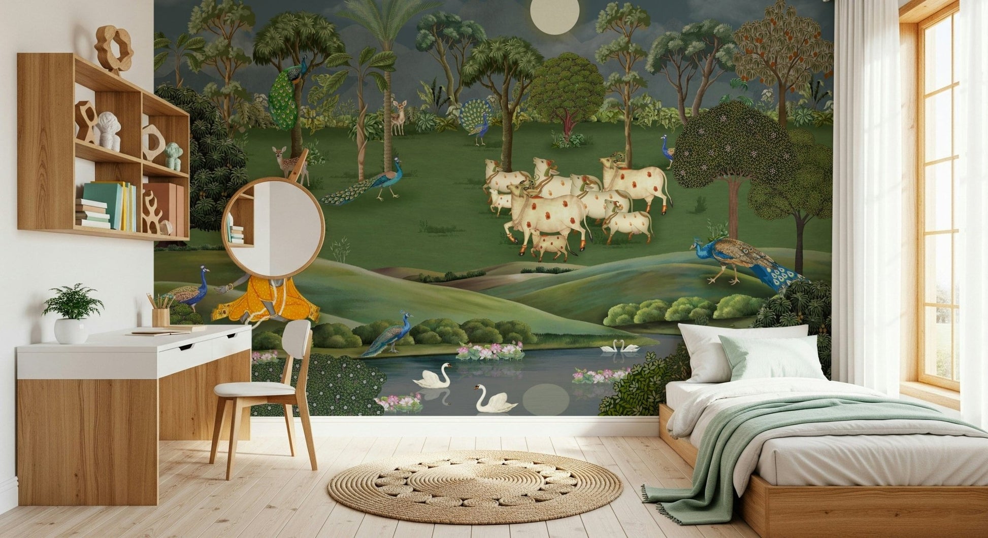 Village life cow mural wallpaper for office reception or waiting area wall