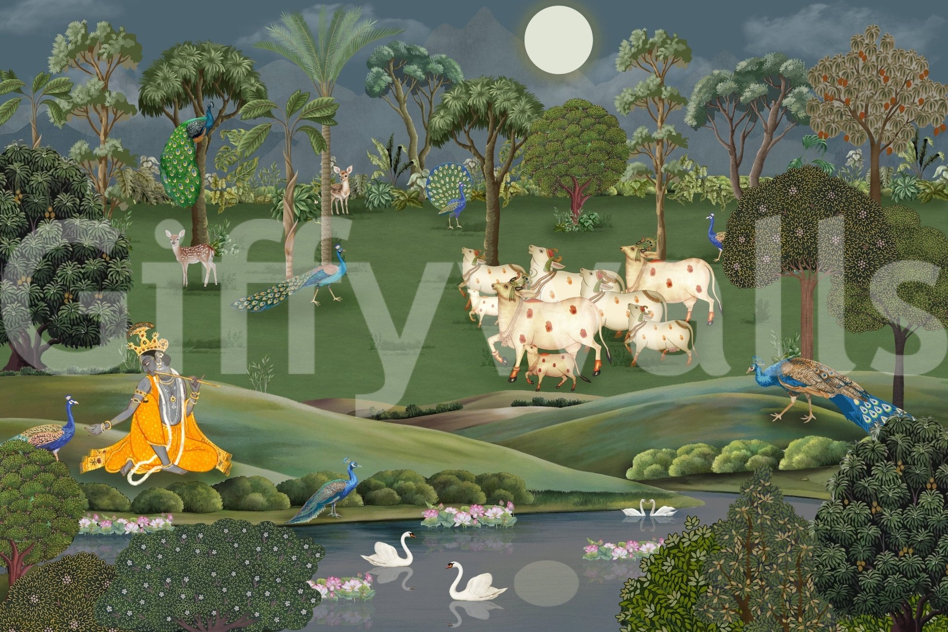 Traditional cow grazing wallpaper mural with muted colours for home walls