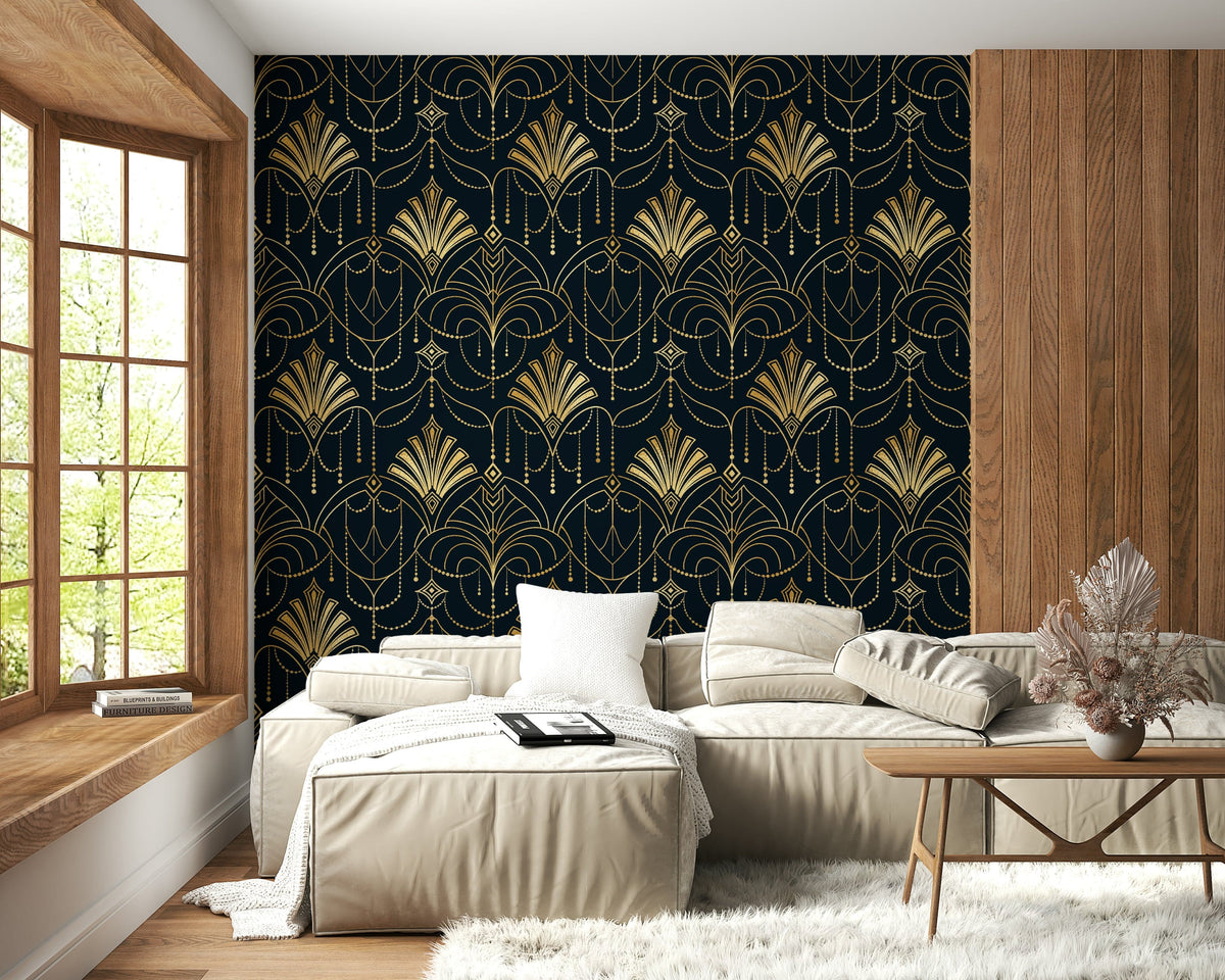 Art Deco Opulence wallpaper in navy and gold behind a beige sectional sofa and window seat in a living room