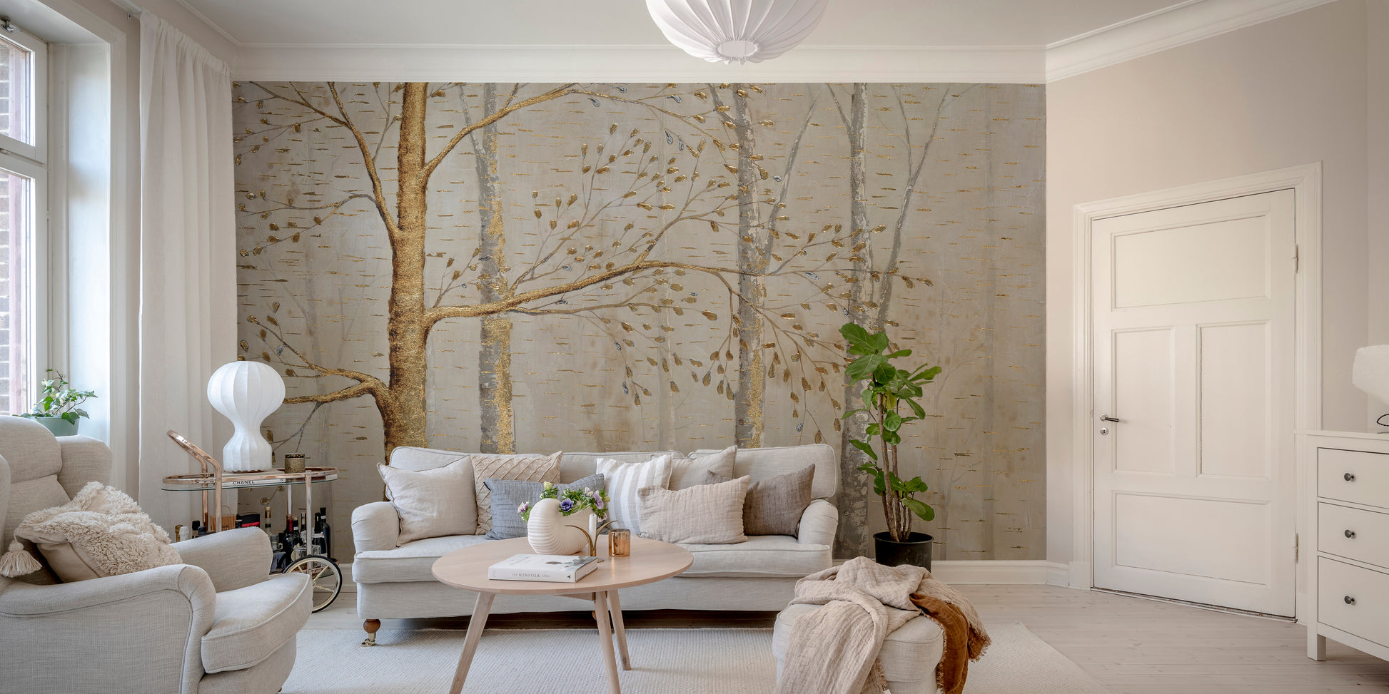 Gold Background Green Leaves wallpaper mural close-up showing the pattern detail and texture