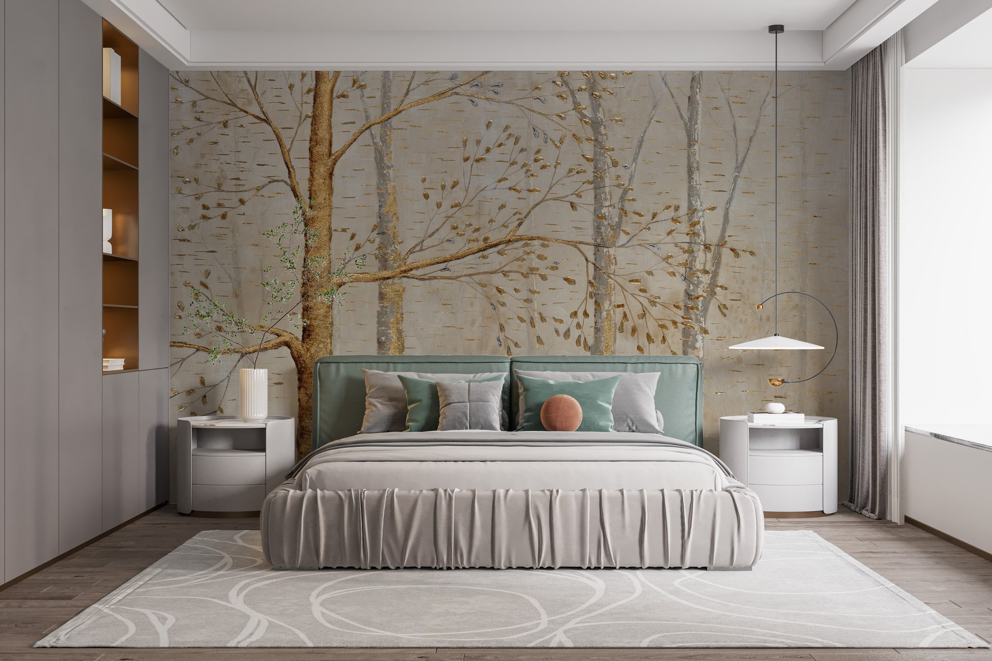 Gold Background Green Leaves wallpaper mural styled along a hallway feature wall near a console in warm sepia tones