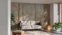 Gold Background Green Leaves wallpaper mural as a feature wall in a home office workspace in warm sepia tones