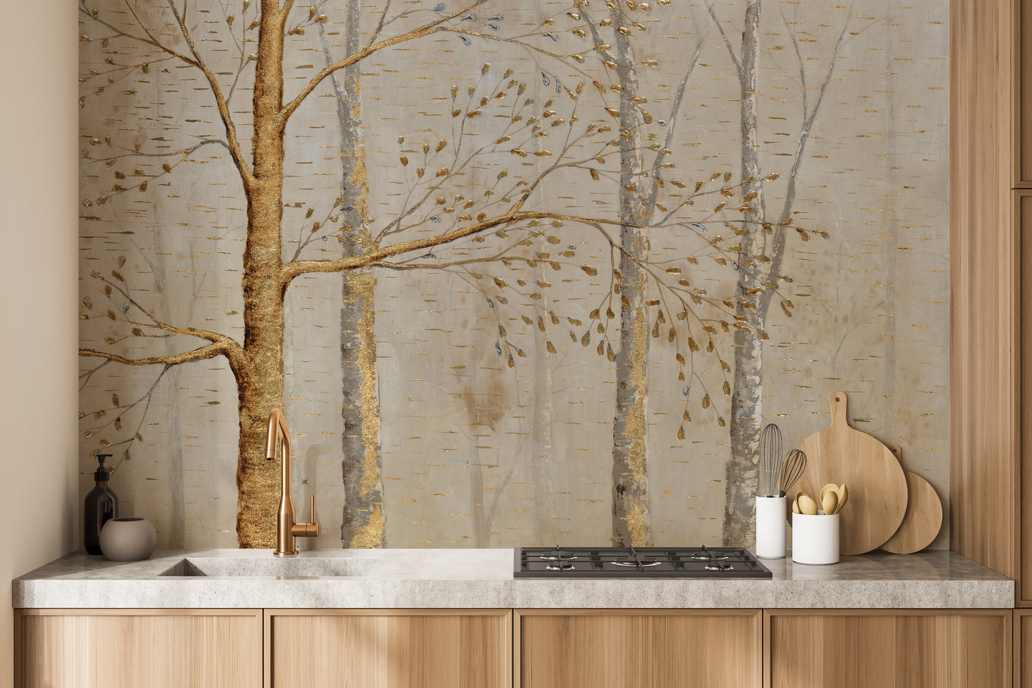 Gold Background Green Leaves wallpaper mural as a feature wall in a bright, contemporary living room in warm sepia tones