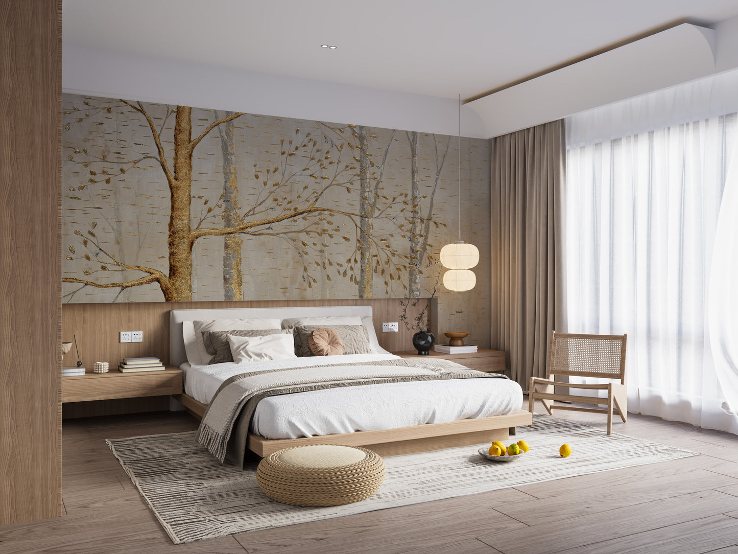 Gold Background Green Leaves wallpaper mural displayed across a full wall in a modern living space in warm sepia tones