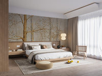 Gold Background Green Leaves wallpaper mural displayed across a full wall in a modern living space in warm sepia tones