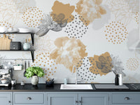 Gold Black Modern Floral wallpaper mural of gold blooms above grey kitchen cabinets and a sink with open shelving